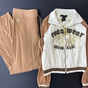 Vintage Rocawear Tracksuit Women's L 2pc Flare Pants Tan Cream Reversible Y2K